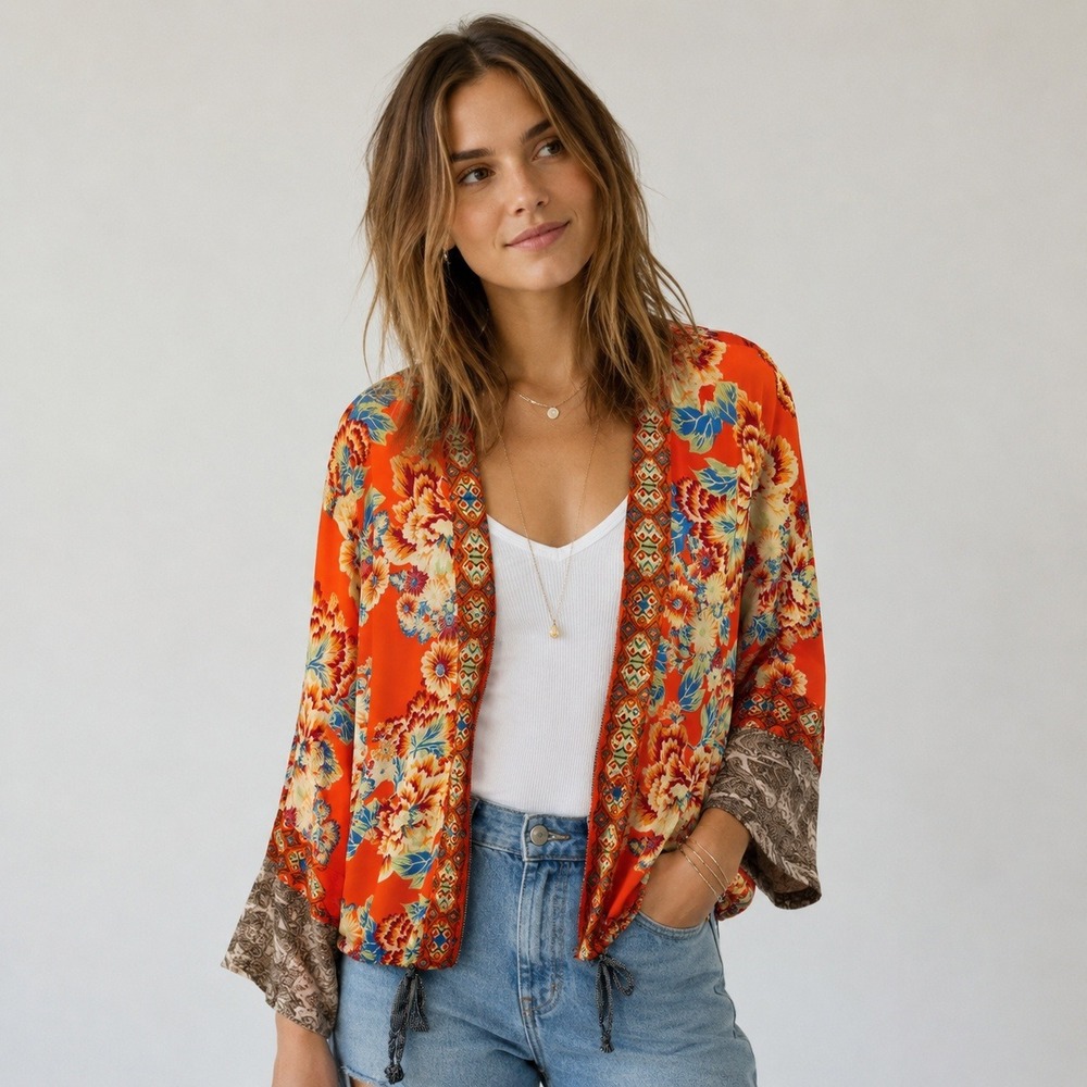 Free People Wildflower Kimono Jacket Women XS Orange Floral Zipper Boho Style